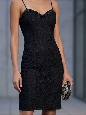 Vintage Shubette Black Lace Mini Dress Beaded Sweetheart Neckline Size: M